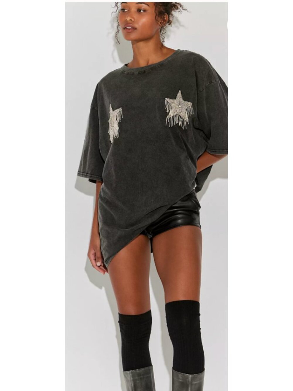NWT Sabbi Free People XL Black Spark Star Beaded Fringe Oversized T Shirt